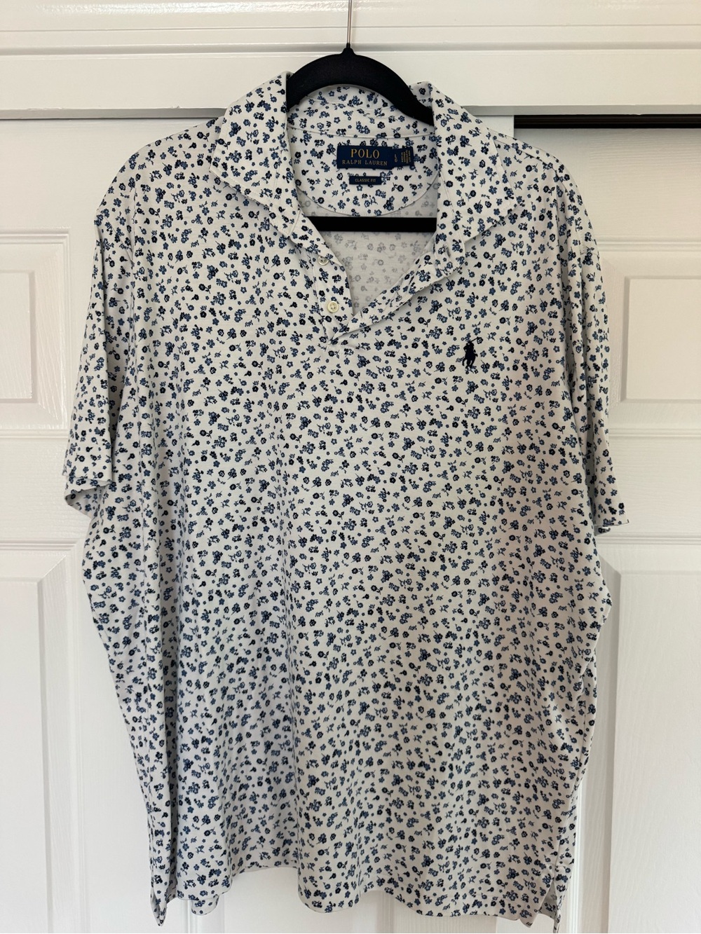 Polo by Ralph Lauren Men’s White Polo Shirt with Navy Floral Print - Size L